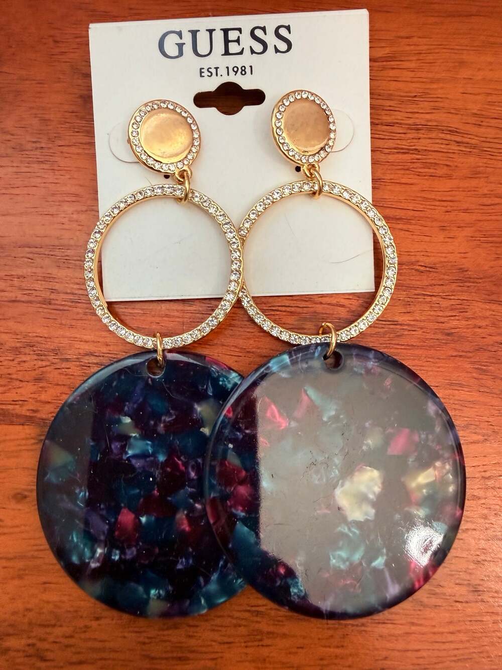 New GUESS Rhinestone Marbled Acrylic Long Dangle Post Earrings